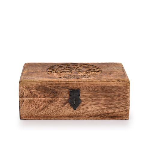 Samhita Handmade Mango Wood Tree of Life Engraving Beautifully Keepsake Box Jewellery Organiser Unique Gift Ideas for Men & Women (Flame Work Finish) Samhita