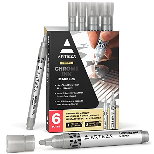 ARTEZA Mirror Chrome Marker Set, 6 Pack, 3 x 2.9mm & 3 x 5mm Nibs, Hi-Gloss Silver Metallic Pens for Eye-Catching Art on Various Surfaces, Craft ARTEZA