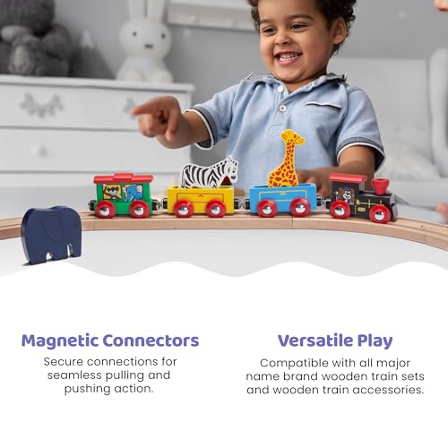 maxim enterprise, inc. Kids Circus Train with Steam Engine, 2 Cars, Caboose, 3 Wooden Animals, Natural Hardwood Railway Set with Easy Magnetic - WoodArtSupply