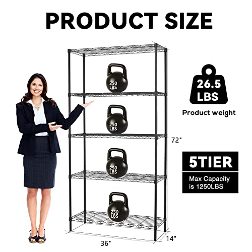 Wire Shelving Unit, 5 Shelf Metal Storage Rack NSF Certified Storage Rack 36" W x 14" D x 72" H 1250Lbs Capacity Garage Shelving Adjustable Heavy - WoodArtSupply