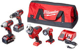 Milwaukee 2695-24 M18 18V Cordless Power Tool Combo Kit with Hammer Drill, Impact Driver, Reciprocating Saw, and Work Light (2 Batteries, Charger, Milwaukee
