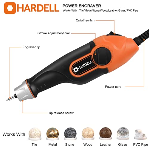 HARDELL 24W Engraver Pen, 5 Speed Engraving Tool with Letter/Number Stencil, Soft Handle Engraver Tool with Tungsten Carbide Steel Bits for Metal, HARDELL