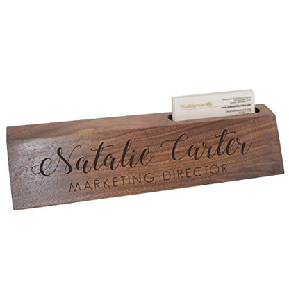 The Wedding Party Store, Custom Engraved Desk Name Plate - Personalized Desk Wedge with Business Card Holder (Walnut Wood) - WoodArtSupply