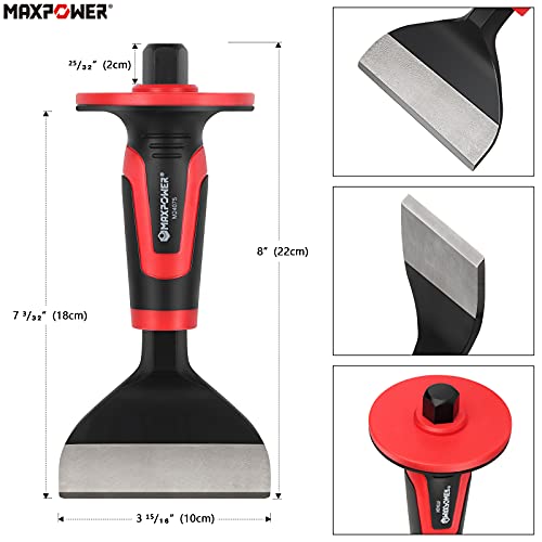 MAXPOWER 3PCS Masonry Chisel Set, 11 inch Point Chisel and Flat Chisel, 8 inch Brick Chisel, Tile Chisel Concrete Chisel with Thickness Hand Guard MAXPOWER