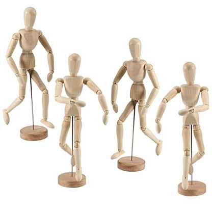 JOIKIT 4 Pack 12 Inch Wooden Artists Model, Wooden Art Mannequin Articulated Mannequin with Stand and Posable Body, Movable Wooden Manikin for