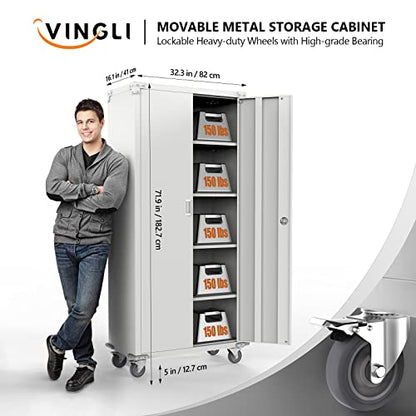 VINGLI 72" Tall Metal Storage Cabinets with Doors and 4 Adjustable Shelves for Garage, Office, Classroom, Laundry&Utility Room with Wheels, Grey, 32W - WoodArtSupply