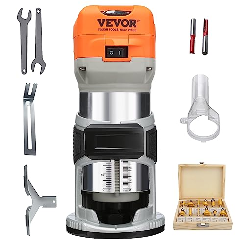 VEVOR Router Tool, 6.5 Amp 1.25HP Wood Router Compact Router with 1/4'' & 5/16'' Collets, 12 PCs Milling Cutters Dust Hood, 6 Variable Speeds, Edge