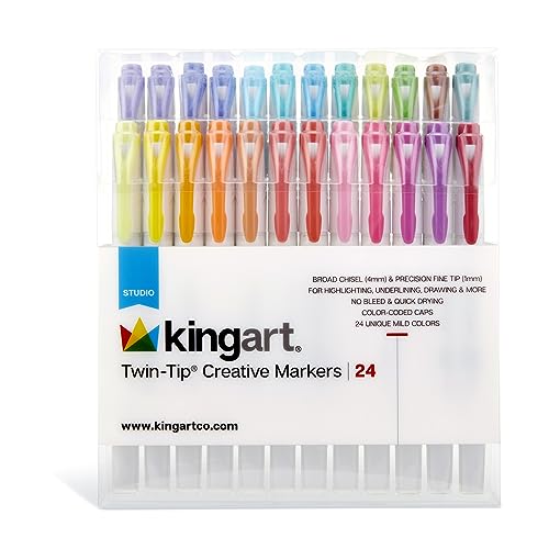 KINGART Twin-Tip Creative Markers, Soft Mild Pastel Highlighter Pens, Broad & Fine Tips, Set of 24 - WoodArtSupply