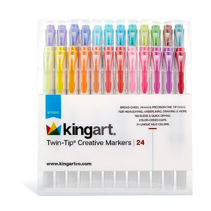 KINGART Twin-Tip Creative Markers, Soft Mild Pastel Highlighter Pens, Broad & Fine Tips, Set of 24 - WoodArtSupply