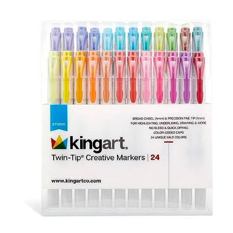 KINGART Twin-Tip Creative Markers, Soft Mild Pastel Highlighter Pens, Broad & Fine Tips, Set of 24 KINGART