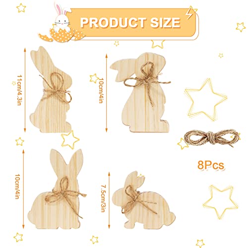 Whaline 8Pcs Easter Wooden Bunny Cutouts 4 Designs Unfinished Bunny Table Sign Pine Blank Wood Bunny Freestanding with Hemp Rope for Easter Spring Whaline