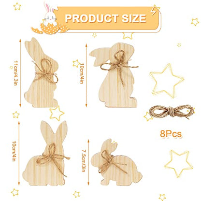 Whaline 8Pcs Easter Wooden Bunny Cutouts 4 Designs Unfinished Bunny Table Sign Pine Blank Wood Bunny Freestanding with Hemp Rope for Easter Spring