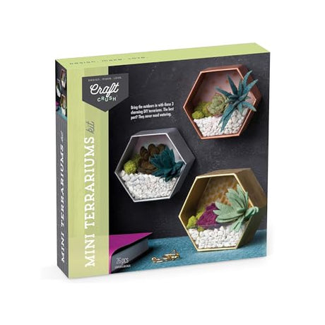 Mini Faux Plant Terrarium Kit for Kids, Teens & Adults - 3 Geometric Terrariums - Home Decor Mini Plants with Colorful Felt Succulents, Pebbles, Faux Craft Crush