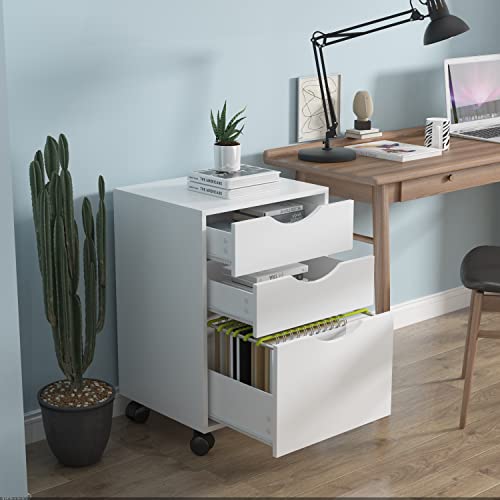 QDSSDECO 3 Drawer Mobile File Cabinet, Rolling Vertical Filing Cabinet fits A4, Legal Paper and Letter Paper for Home Office, White QDSSDECO