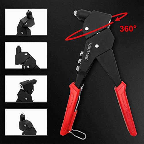 HAUTMEC Pop Rivet Gun,360° Swivel Head Hand Rivet Tool with 4 Manual Interchangeable Rivet Heads HT0128-HR HAUTMEC