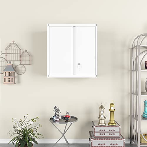 GREATMEET Metal Wall Storage Cabinet with Lock,White Wall Mount Metal Storage Cabinets with 1 Adjustable Shelf and 2 Doors, Steel Cabinet for Garage, GREATMEET