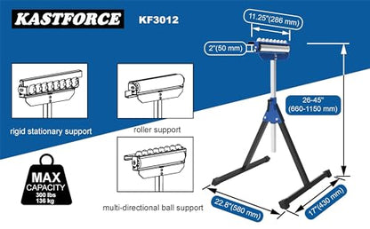 KASTFORCE Heavy-Duty Roller Stand 300 Lbs 136kg Loading Capacity (3 in 1 Roller), Adjustable Miter Saw Extension, Folds Flat for Easy Storage, 2 Inch - WoodArtSupply