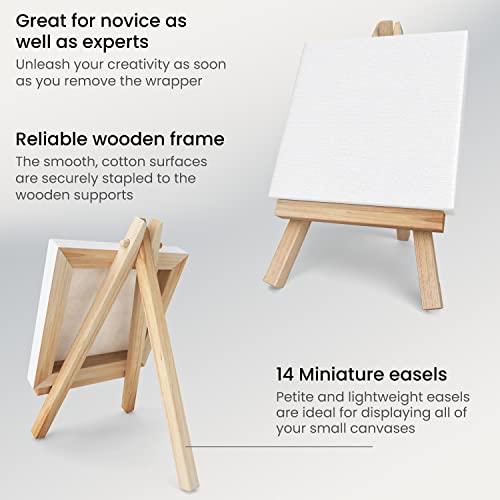 Arteza Mini Canvases with Easels, Pack of 14, 4 x 4 Inches, 100% Cotton, 8 oz Gesso-Primed Stretched Canvas & Solid Pine Wood Easels, Art Supplies ARTEZA