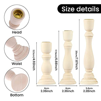 SDUSEIO 3 Pieces Wooden Candle Holders Wooden Farmhouse Candlesticks Unfinished Pillar Taper Candle Holders for DIY Spiral Taper Candle Home