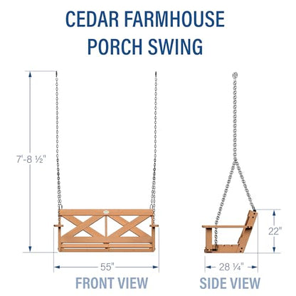 Backyard Discovery Durable Cedar Farmhouse Outdoor Porch Swing with Chain, Water Resistant, Porch, Patio, Two Person Seating, 600 Lb Weight Capacity, - WoodArtSupply