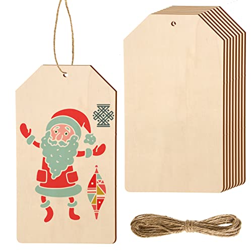 12 Pcs Large Christmas Wooden Tags with Holes Unfinished Hanging Wood Ornaments Blank Wood Gift Tags Wooden Cutouts with Rope for DIY Craft Halloween - WoodArtSupply