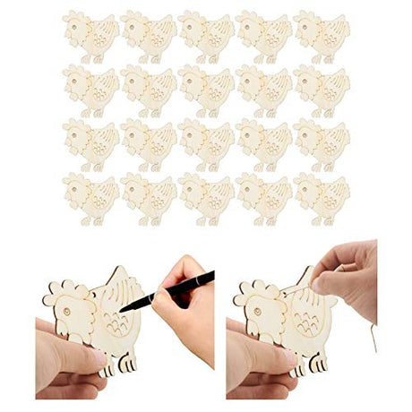 40pcs Wood Chicken Cutouts, Easter Wood Unfinished Wooden Slices DIY Crafts Hen Wood Hanging Gift Tags with Jute Rope for Easter Spring Home Decor HERCHR