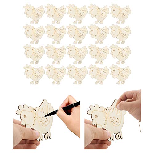 20 Set 3.1×3.1in Wooden Easter Christmas Ornaments with Hemp Ropes, Unfinished Wooden Hens Chicken Hanging Ornament DIY Crafts for Hand-Painted, Tissting