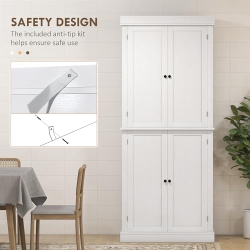 HOMCOM 72.5" Kitchen Pantry Storage Cabinet, Freestanding Kitchen Cabinet with 4 Doors and Adjustable Shelves for Dining Room, White Wood Grain HOMCOM