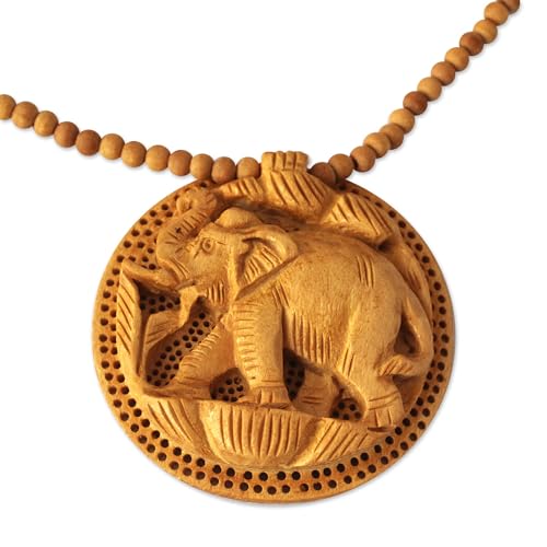 NOVICA Handmade Carved Wood Necklace Crafted Indian Jewelry Pendant Natural Materials Animal Themed Eco Friendly Jali Nature 'Elephant Fortune' - WoodArtSupply