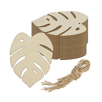 20pcs Plam Leaf Wood DIY Crafts Cutouts Wooden Turtle Leaf Shaped Hanging Ornaments with Hole Hemp Ropes Gift Tags for Hawaii Spring Summer Holiday