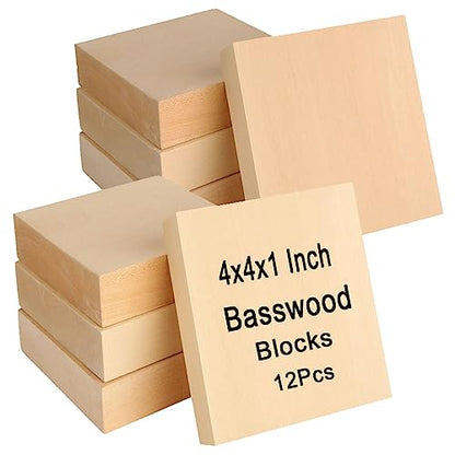 QTLCOHD 12Pcs Unfinished Wood Blocks for Crafts, 4 X 4 X 1 Inch Wood Board Wooden Square Blocks Craft Panels for Painting, Art and Crafts, Engraving, - WoodArtSupply