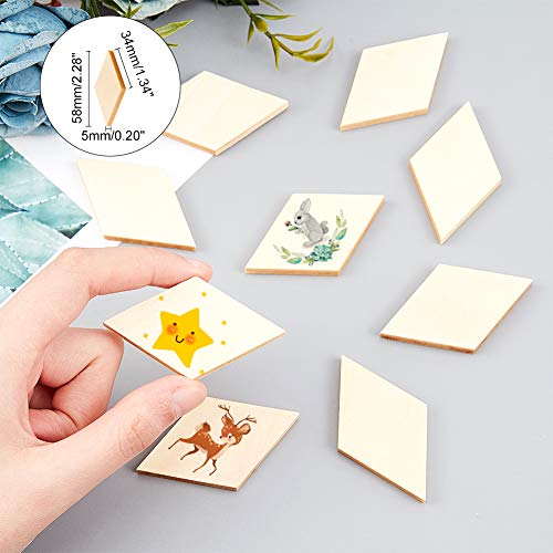 OLYCRAFT 150Pcs Wood Pieces Unfinished Wood Rhombus Pieces Hexagon Pieces Natural Wood Cutout Shape Wood Rhombus Blank Slices for DIY Crafts Holiday OLYCRAFT