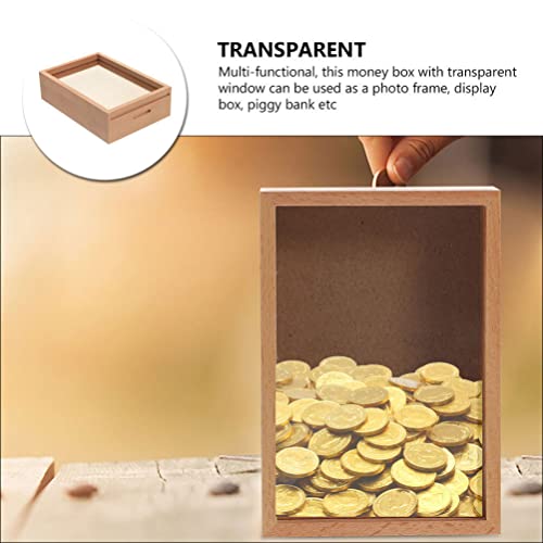 Zerodeko Unfinished Piggy Bank Money Box Wooden Tips Box Clear Piggy Banks Shadow Box Display Case Money Bank Wood Frame Coin Box Cash Storage Zerodeko