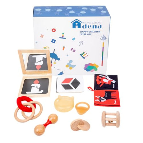Montessori Play Kit for 0-6 Month Baby Tummy Time Interactive Toys Baby Brain Development Toys Rattle Montessori Toy Interlocking Rings Black, White Adena Montessori