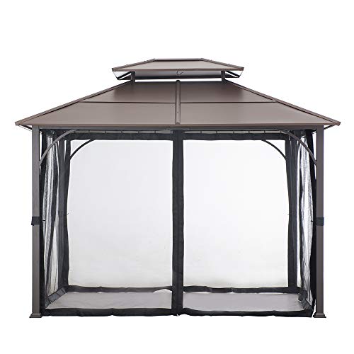 Sunjoy Hardtop Gazebo 10 x 12 ft. Outdoor Gazebo, Heavy Duty Steel Frame Gazebo, Double Tiered Metal Gazebo with Ceiling Hook and Mesh Netting, Brown Sunjoy