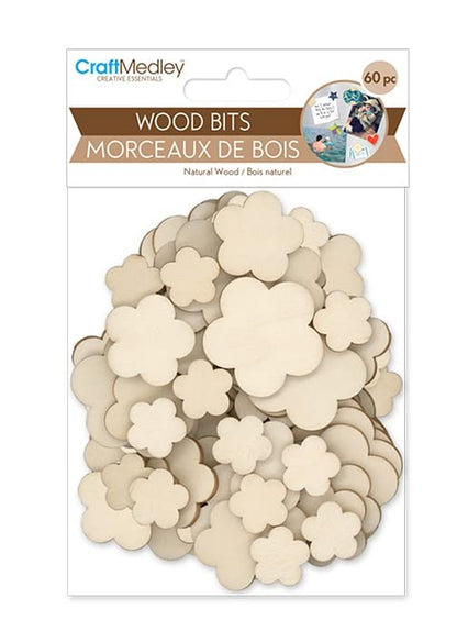 CraftMedley Wood Flower Cutouts - Mini Wood Bit Shapes - 60 Piece, Brown, CW308C