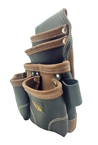 LEATHER GOLD Nail Pouch | Leather Tool Pouch 3150DP, 5 Pockets, Black, Oil-Tanned Leather, Heavy Duty Carpenter Tool Belt with Reinforced Seams and 2 Leather Gold