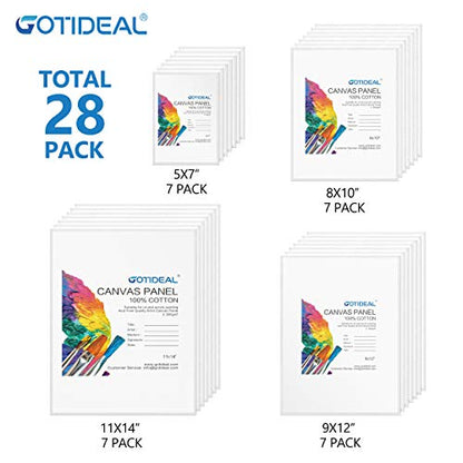 GOTIDEAL Canvas Boards for Painting Multi Pack, Primed 5x7", 8x10", 9x12", 11x14" Set of 28, White Blank Canvas Panel- 100% Cotton Artist Canvases - WoodArtSupply