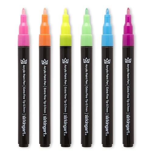 KINGART 453-6C PRO Neon 6 Ct. Extra Fine Paint Pens, 0.7mm Tip, 6 Fluorescent Acrylic Paint Markers, Low-Odor Water-Based Quick Dry Paint Markers for KINGART