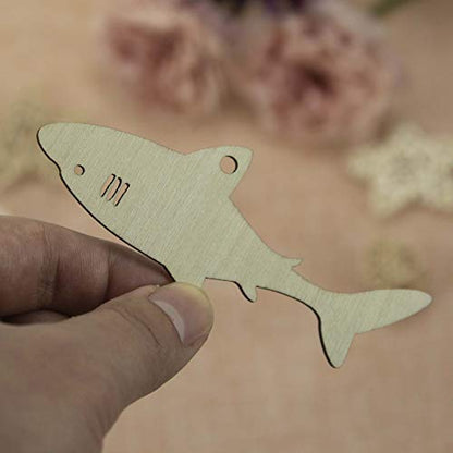 JANOU 20pcs Shark Shape Unfinished Wood Cutouts DIY Crafts Blank Hanging Gift Tags Ornaments with Ropes for Summer Ocean Sea Theme Party Decoration,