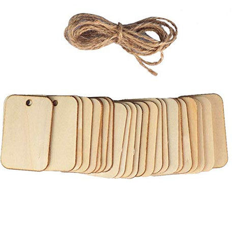 LASSUM 50 Pcs Wooden Rectangle Shape Slices with 6.6FT Jute Ropes, 35 mm Blank Name Tags Wood Labels for DIY Wedding Décor, DIY Arts Crafts Card, LASSUM