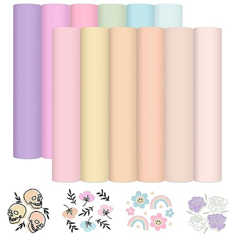 VINYL FROG Pastel Adhesive Vinyl Bundle - 12 Sheets 12"x12" Matte Boho Craft Vinyl 12 Assorted Colors Vinyl Packs for Most Kinds of Cutting Machines, VINYL FROG