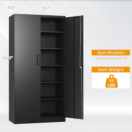 STANI Metal Garage Storage Cabinet with Lock, 71" Steel Lockable File Cabinet, Locking Steel Storage Cabinet with 4 Adjustable Shelves for Home, STANI