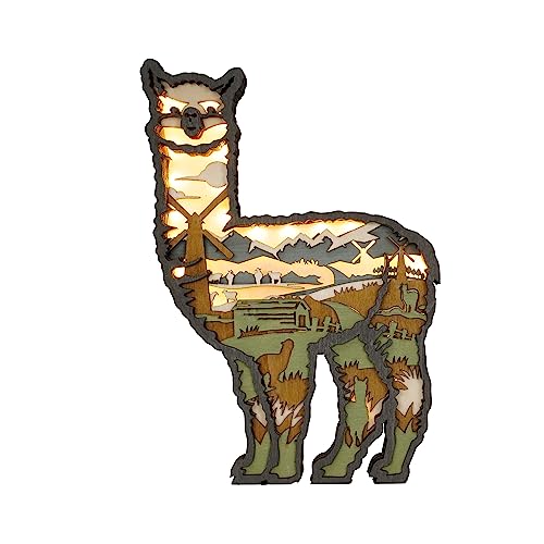 3D Wooden Animals Carving LED Night Light, Wood Carved Lamp Modern Festival Decoration Home Decor Desktop Desk Table Living Room Bedroom Office Farmhouse Shelf Statues Perfect Gifts (Alpaca)