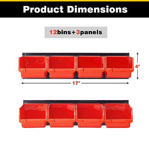 Ultrawall 12 PCS Bins & 3 Rails, Plastic Hanging Storage Organizer Bins, Wall mounted Garage Tool Storage Systerm, 12x bins(6.3inch X 3.2inch X Ultrawall