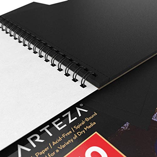 Arteza Spiral-Bound Black Sketch Pad, Heavyweight Paper, 11 X 14 Inches, 90lb/150gsm, 30 Sheets, Pack of 2, for Graphite & Colored Pencils, Charcoal, - WoodArtSupply