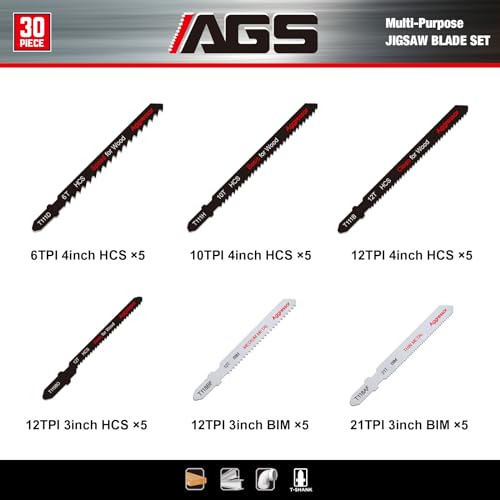 AGGRESSOR Jigsaw Blades Set 30 Piece,Assorted T-Shank Jig Saw Blades for Wood, Plastic and Metal Cutting,Multi-Purpose HCS/HSS Saw Blades AGGRESSOR