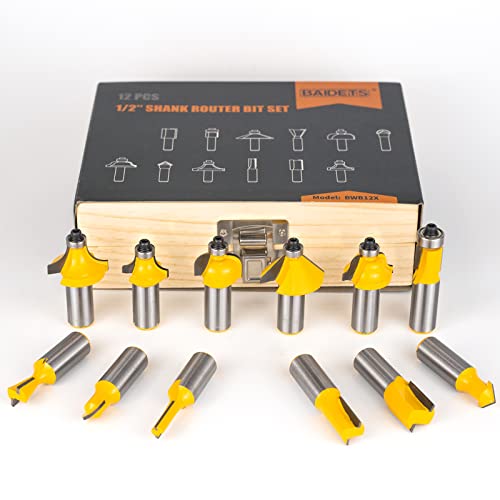 Router Bits Set 1/2 Inch Shank - BAIDETS 12 Pieces 1/2" Tungsten Carbide Router Bits, Woodwork Tools BAIDETS