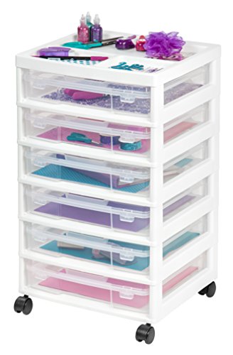 IRIS USA 6-Tier Scrapbook Storage Cart with Organizer Top for Papers, Vinyl, Office, Art and Crafting Supplies, White with 6 Clear Scrapbook Cases IRIS