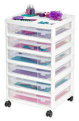IRIS USA 6-Tier Scrapbook Storage Cart with Organizer Top for Papers, Vinyl, Office, Art and Crafting Supplies, White with 6 Clear Scrapbook Cases IRIS